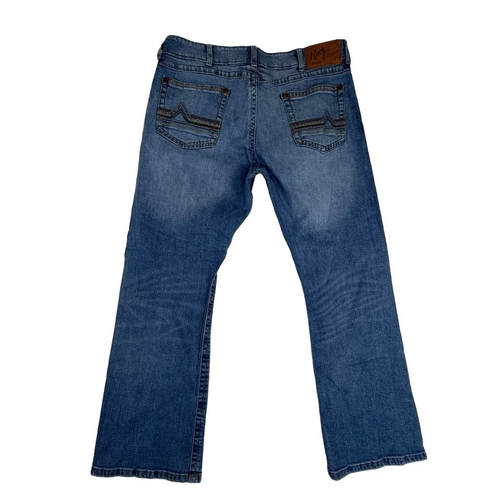 Rock 47 by Wrangler Denim Slim Boot‎ Men's Jeans Sz 38x32 Distressed Whiskers